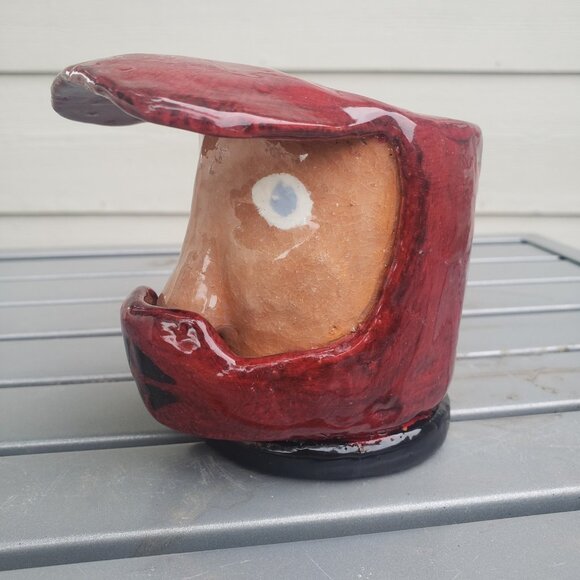 Handmade Hand Thrown Ceramic Glazed Kitsch Motor Cross Rider Helmet Planter Cup - Picture 3 of 9